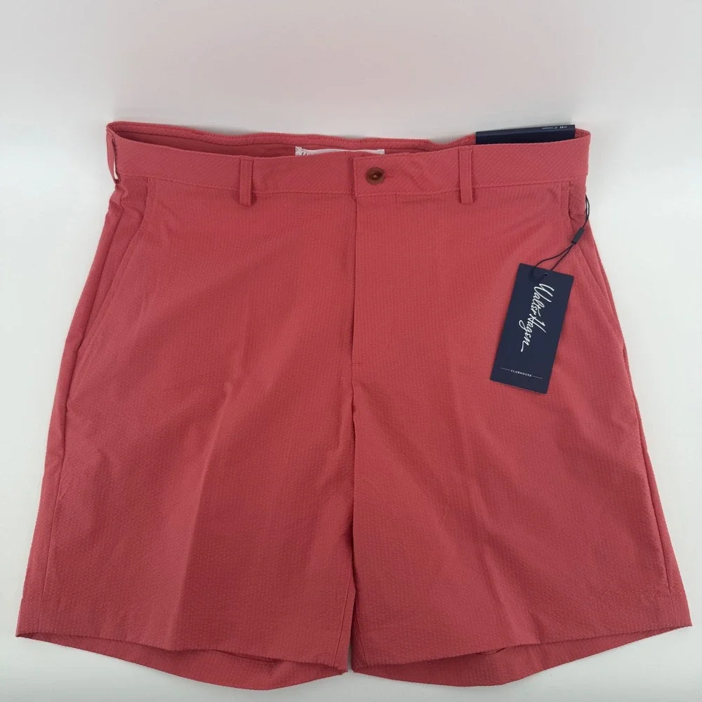 Walter Hagen Clubhouse Men Pink Rouge Seersucker Golf Short 36W 8in MGA14211 NWT